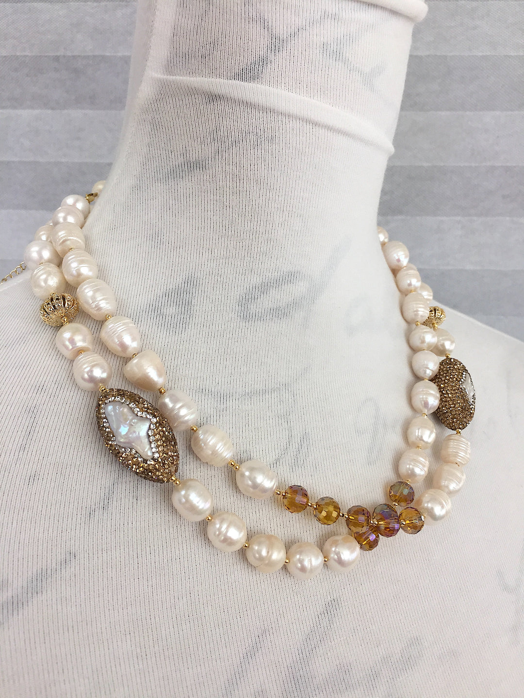 Freshwater Pearl With Golden Rhinestones And Crystal Long Necklace PGN033