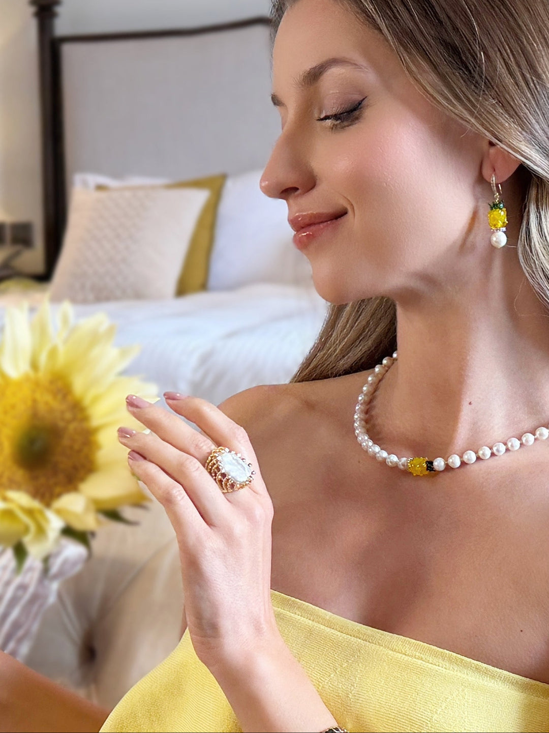 Flat Baroque Pearl With Colorful Zircon Cocktail Ring RP003