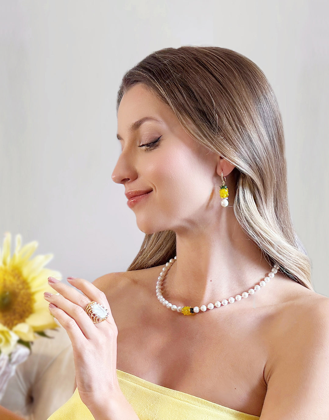 Flat Baroque Pearl With Colorful Zircon Cocktail Ring RP003