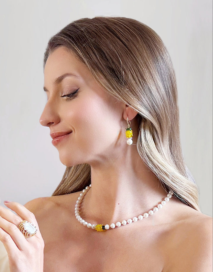 Fruity Yellow Pineapple With Freshwater Pearls Dangle Earrings RE007