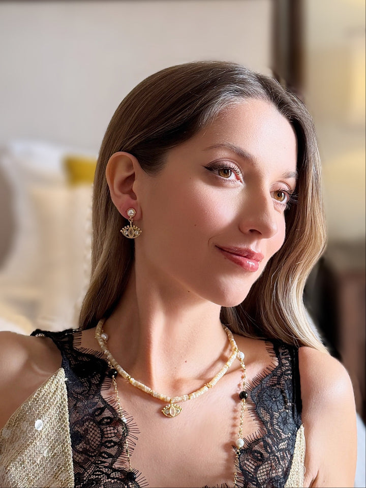 Turkish Evil Eye Adorned Citrine Stone Pearl Stud Earrings RE029