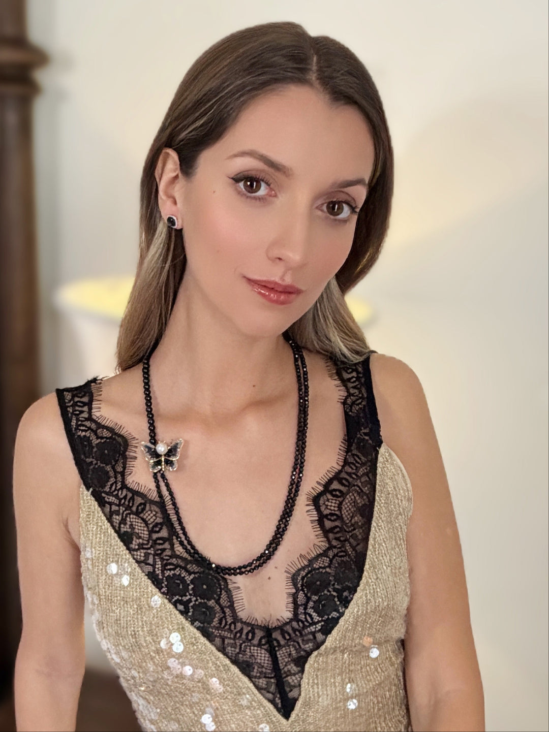 Versatile Black Obsidian Necklace With Removable Butterfly Pearl Brooch RN037