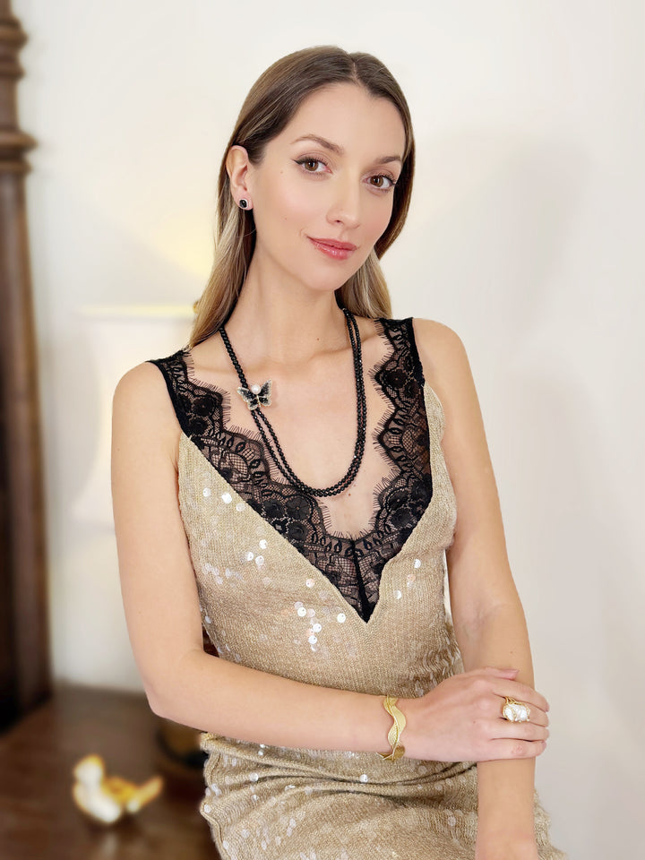 Versatile Black Obsidian Necklace With Removable Butterfly Pearl Brooch RN037