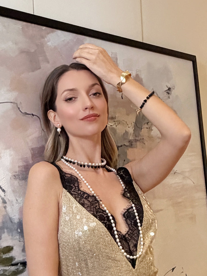 Freshwater Pearls With Heart Shaped Obsidian Charm Choker Necklace RN033