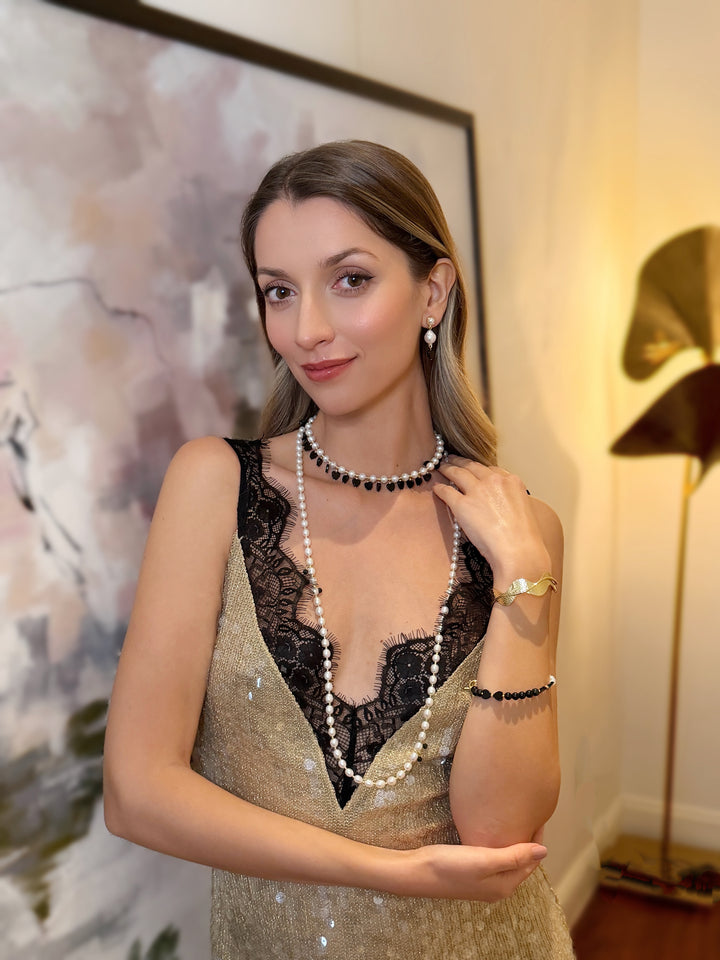 Freshwater Pearls With Heart Shaped Obsidian Charm Choker Necklace RN033