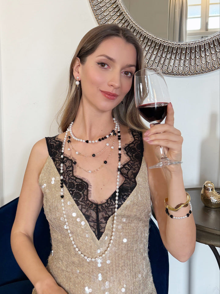 Bowknot Black Obsidian And White Freshwater Pearl Bracelet RB020