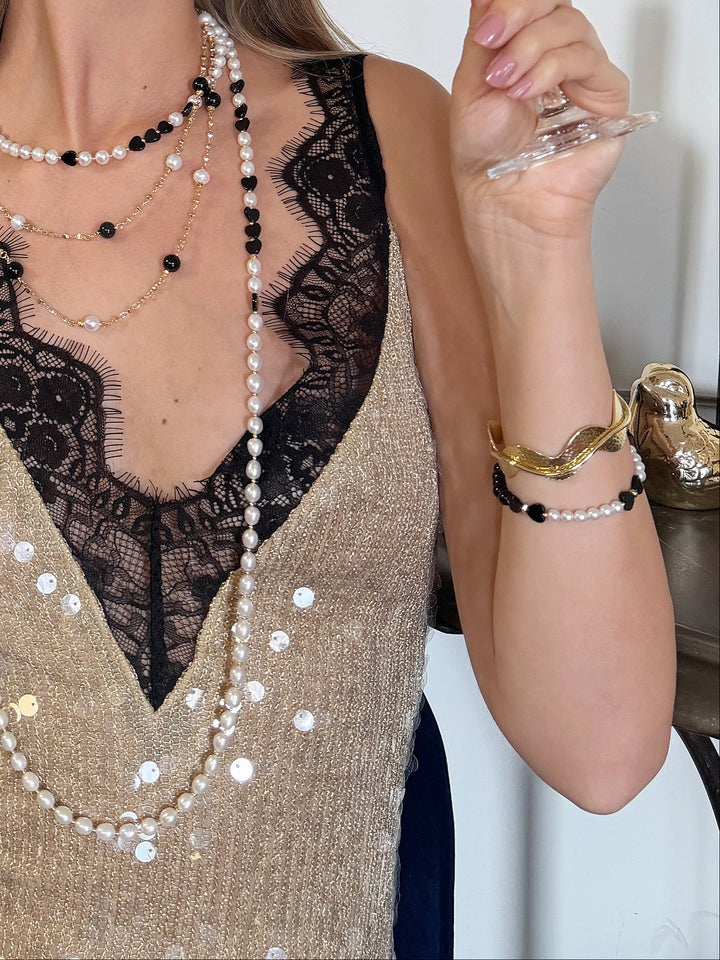 Bowknot Black Obsidian And White Freshwater Pearl Bracelet RB020