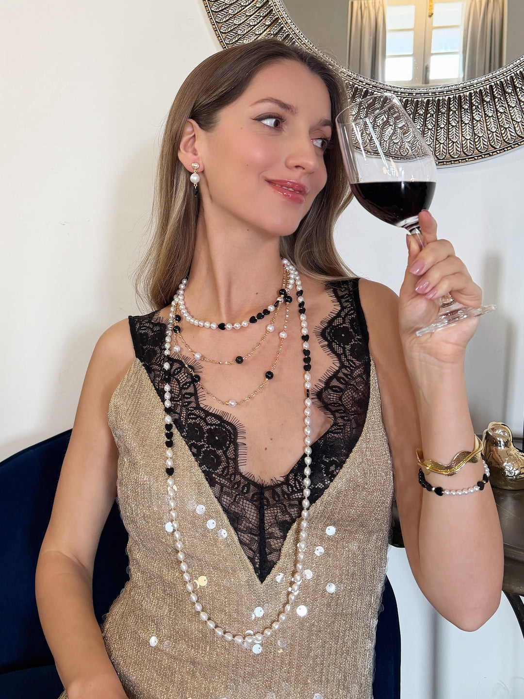 Black Obsidian And White Pearls Long Necklace RN039