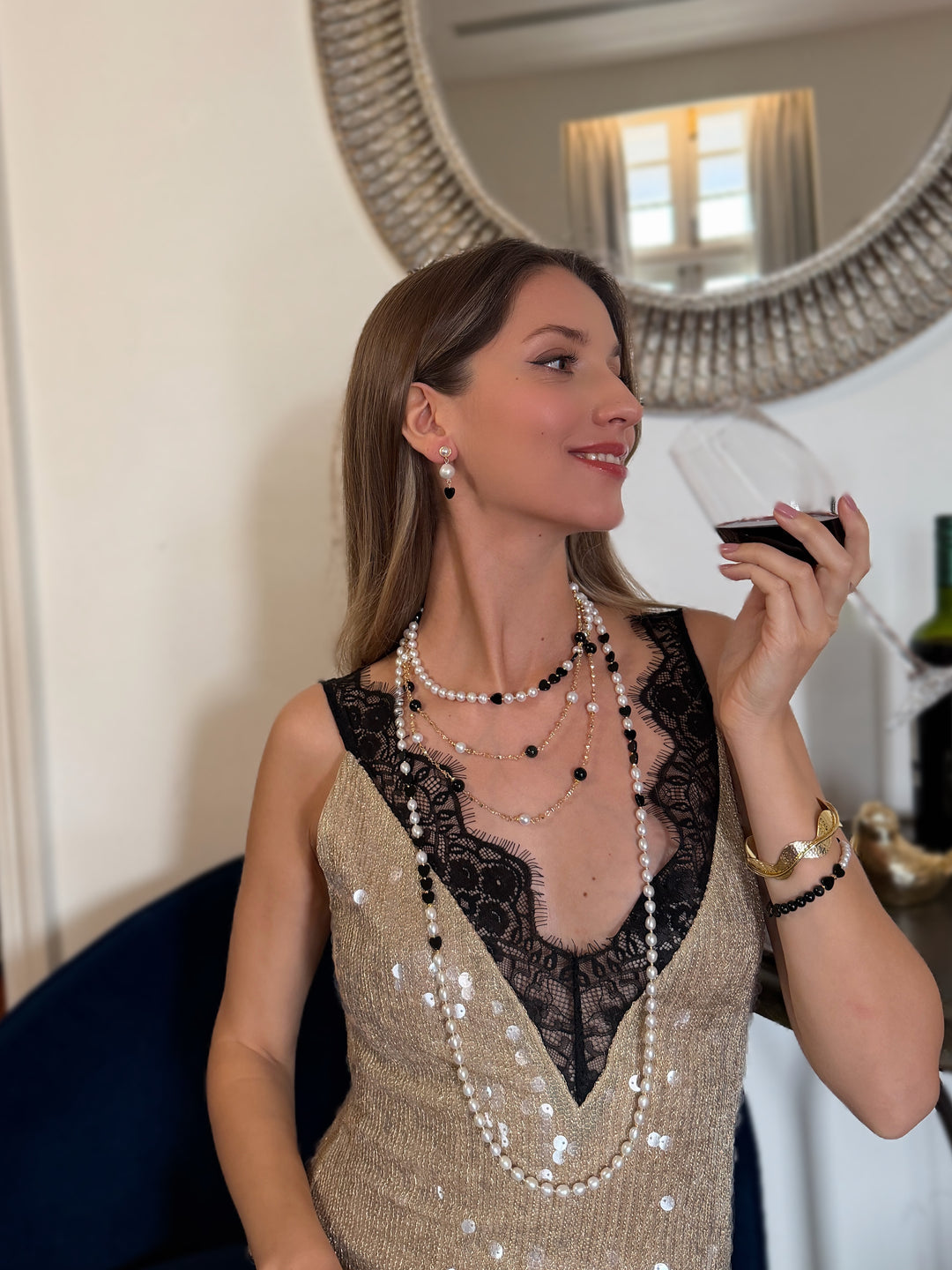 Black Obsidian And White Pearls Long Necklace RN039