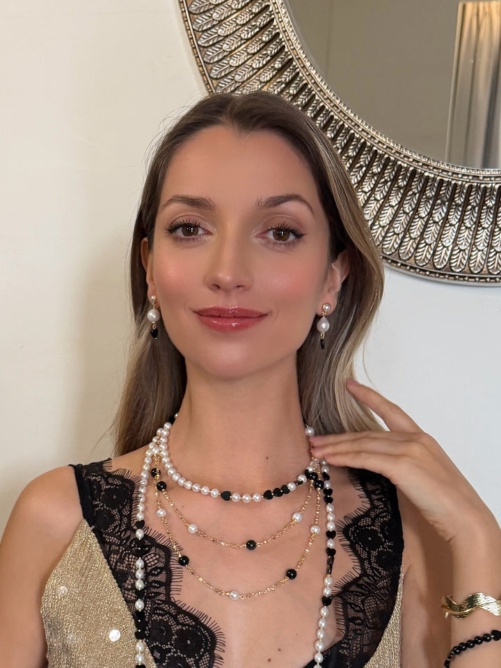 Black Obsidian And White Pearls Long Necklace RN039