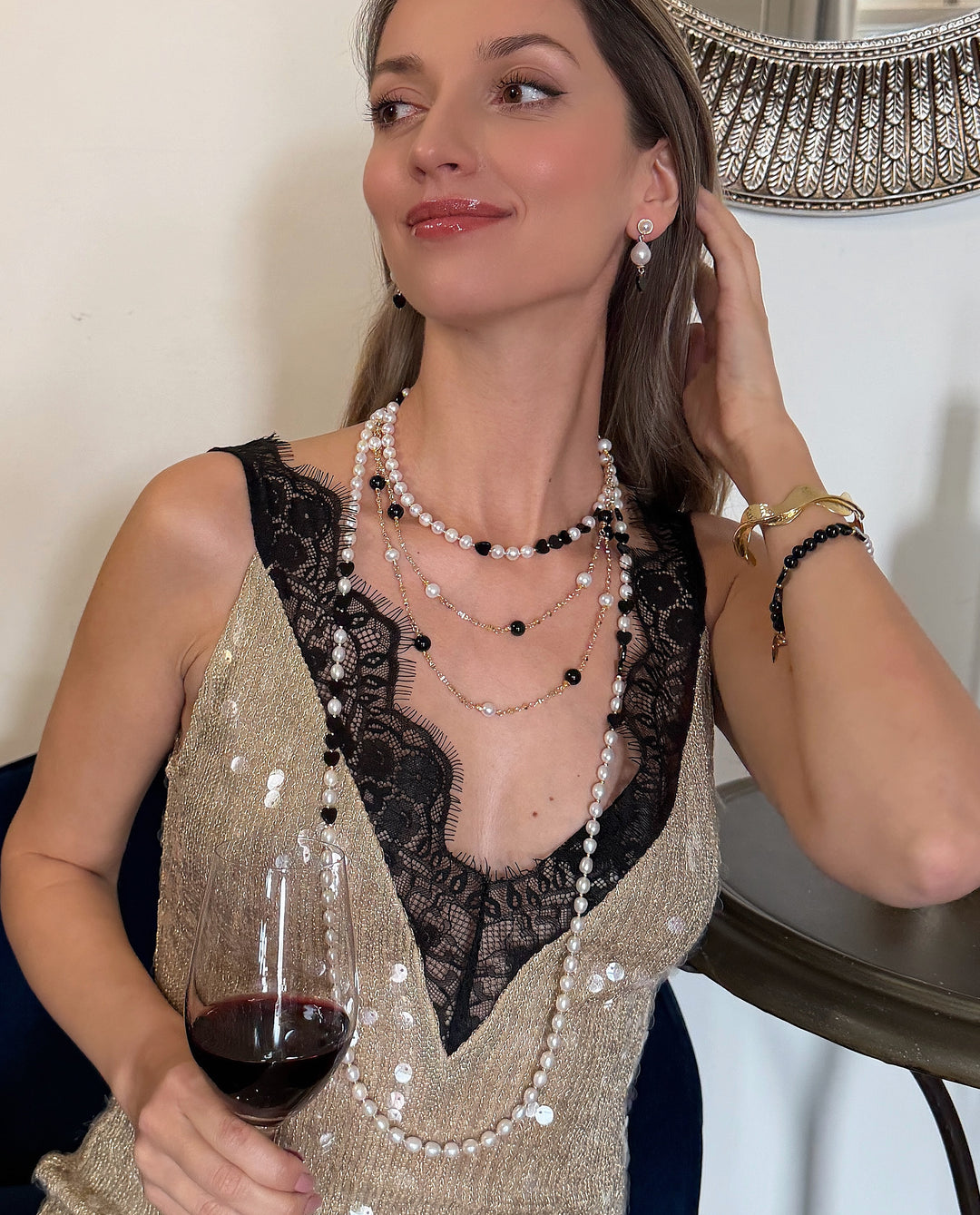 Black Obsidian And White Pearls Long Necklace RN039