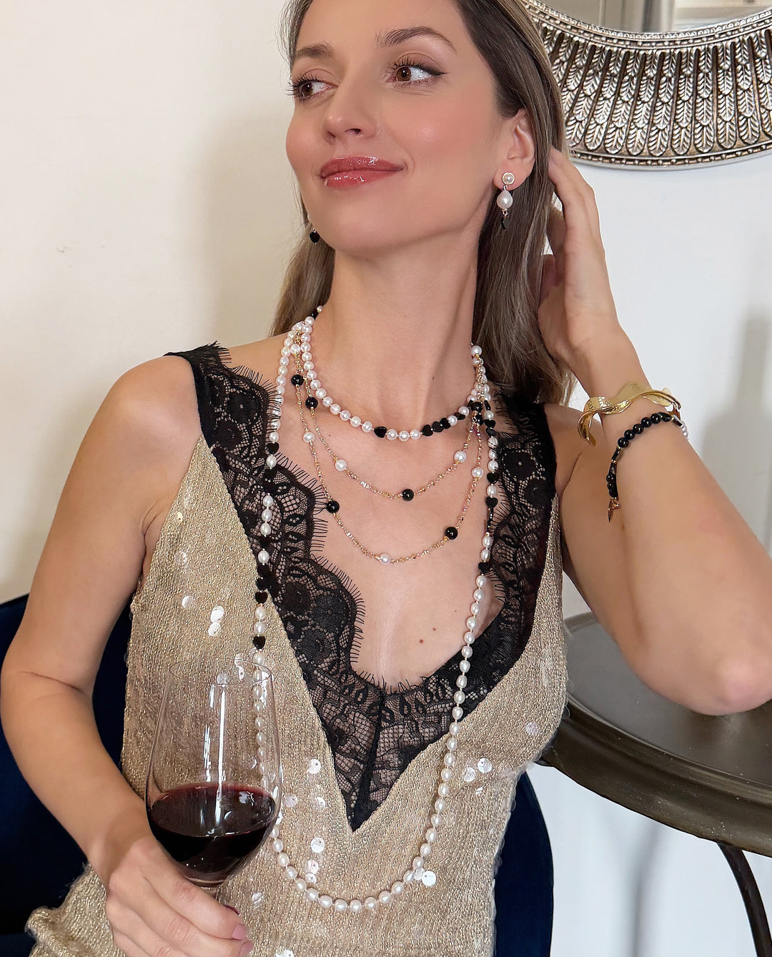 Freshwater Pearls With Heart Black Obsidian Long Necklace RN032