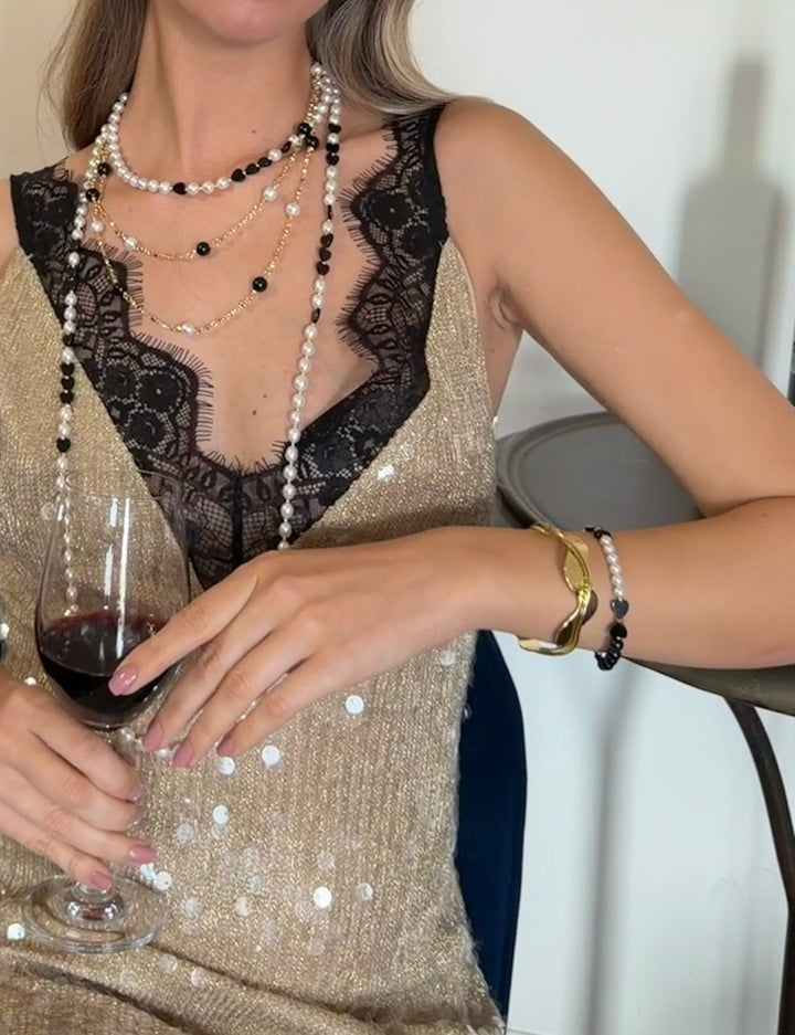 Black Obsidian And White Pearls Long Necklace RN039