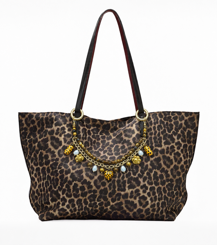 Leopard Print Tiger-Eye Stone And Pearls Layered Bag Charm PC113