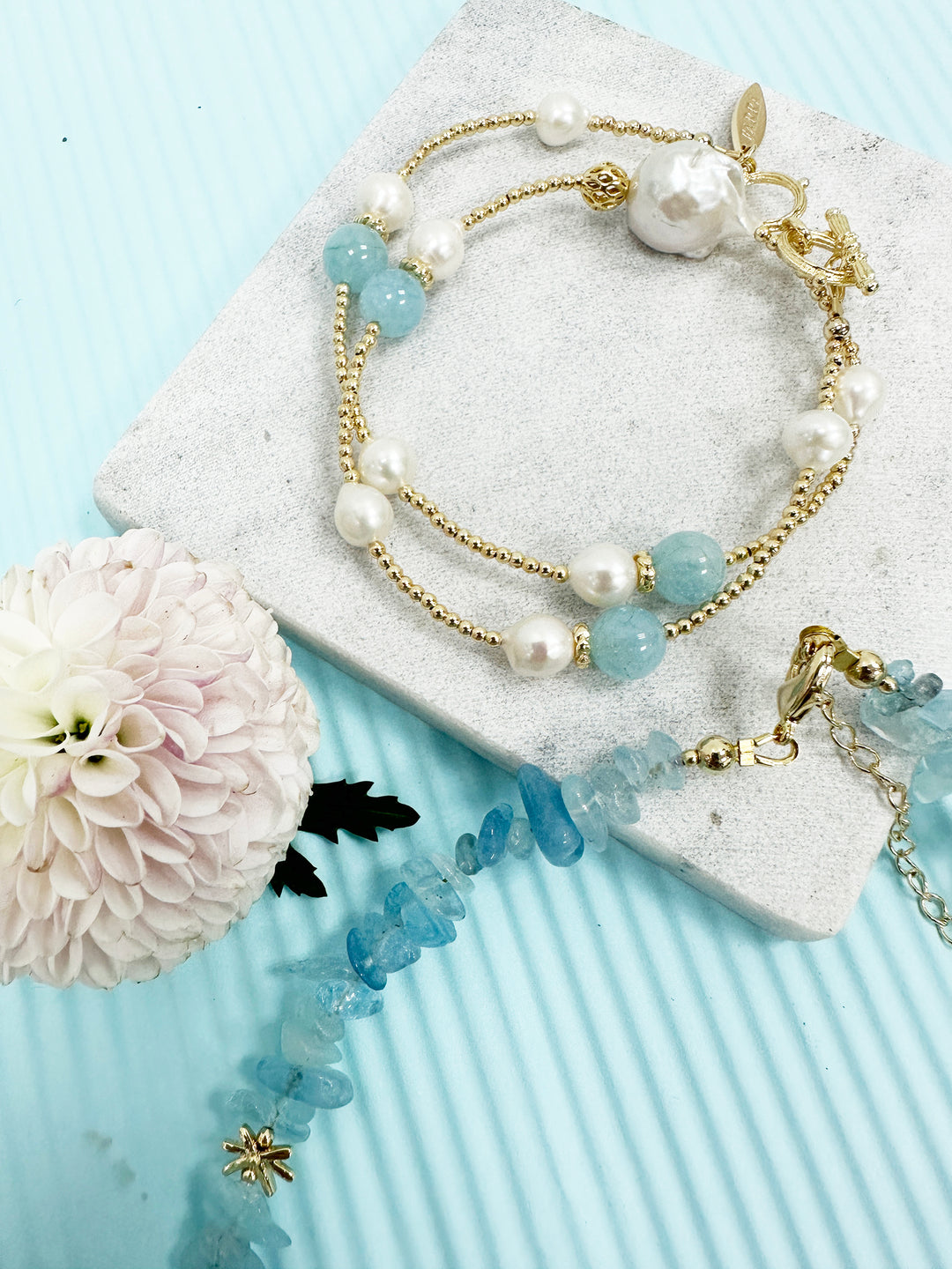 Aquamarine With Baroque Pearls Double Layer Bracelet / Choker LB007