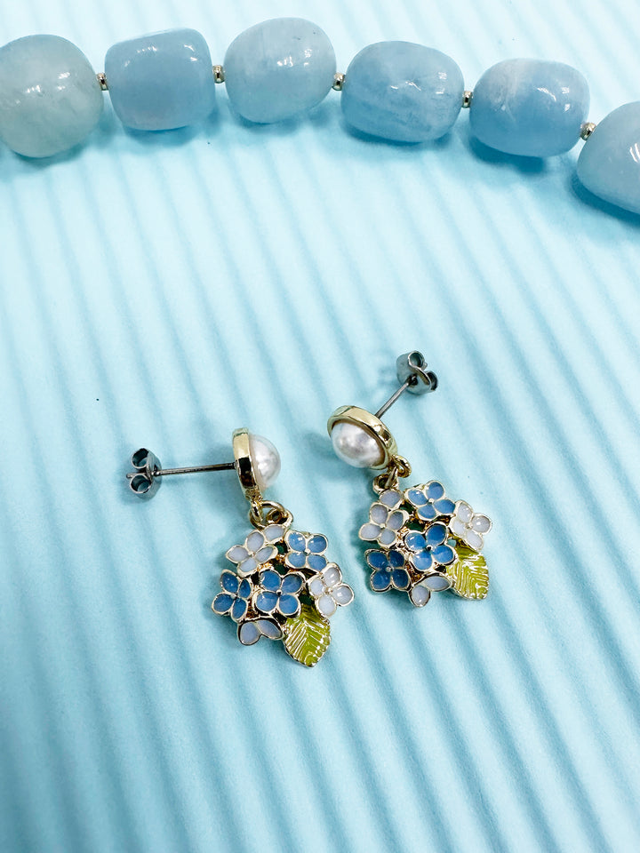 Blue Flower Dangle With Pearls Stud Earrings LE022