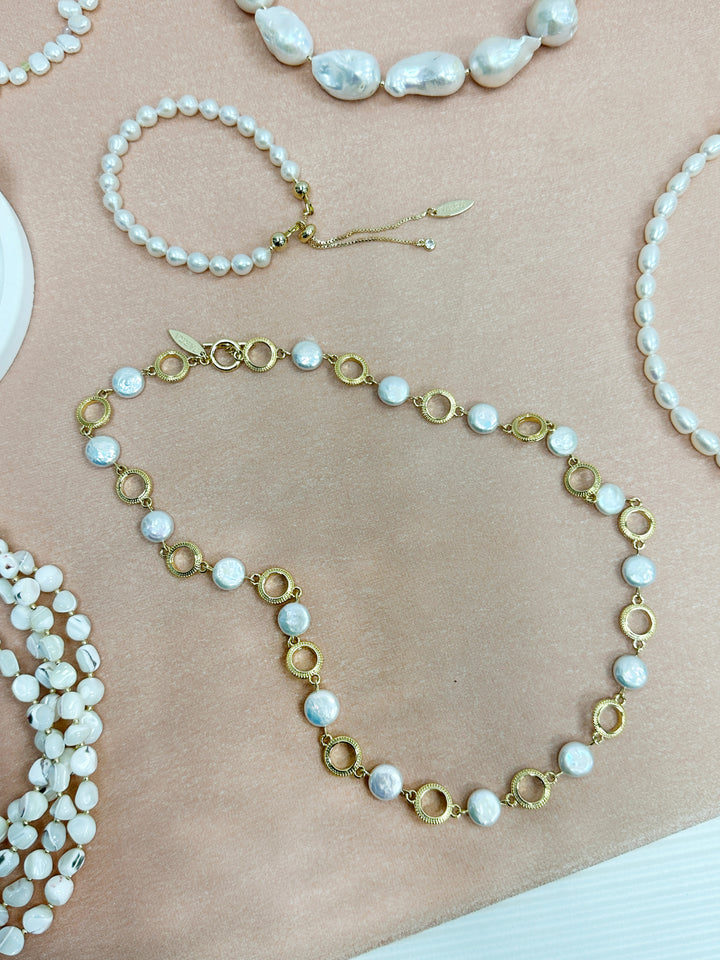 Gold Chain with Coin-Shaped Freshwater Pearls Necklace LN057