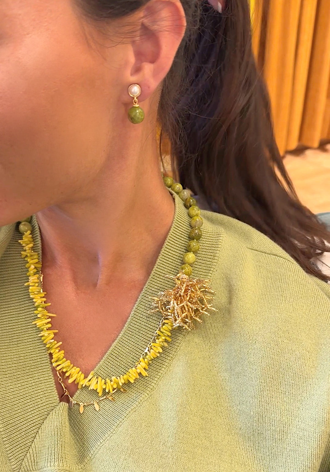 Boho Chic Green Opal And Yellow Bamboo Coral With Removable Pin Necklace SN033