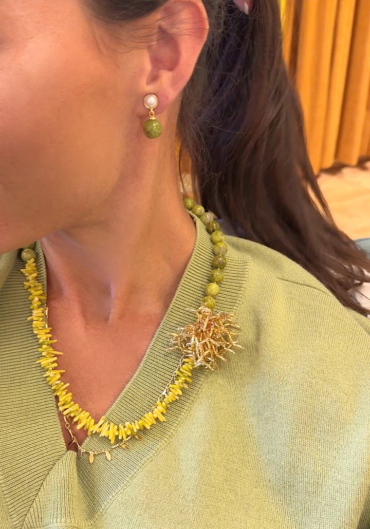 Boho Chic Green Opal And Yellow Bamboo Coral With Removable Pin Necklace SN033