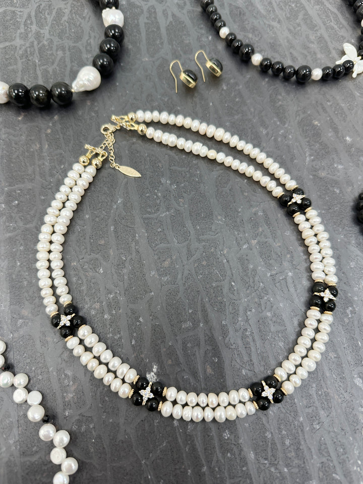 Freshwater Pearls with Black Obsidian and Zircon Stone Statement Collar Necklace LN070