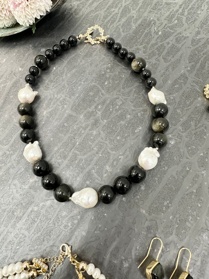 Timeless Nugget Black Obsidian with Baroque Pearls Chunky Necklace LN067