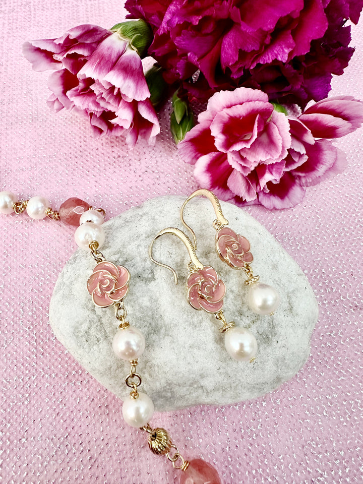 Timeless Pink Rose with Freshwater Pearls Dangle Earrings LE003