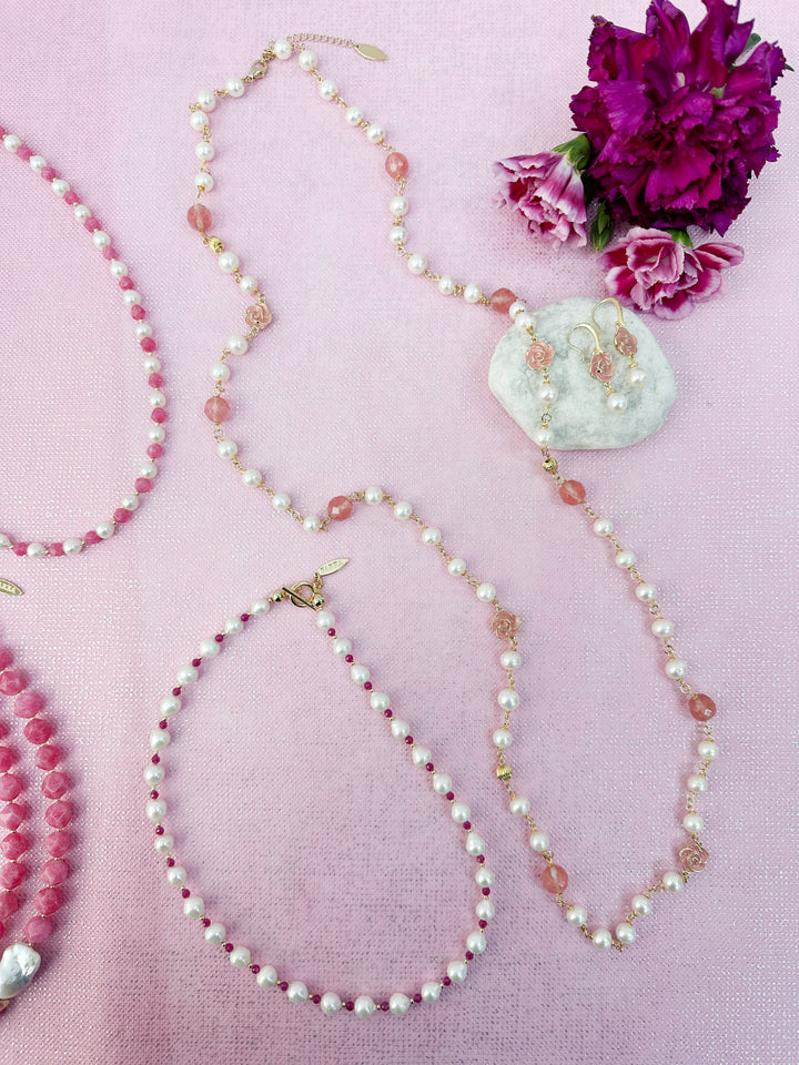 Freshwater Pearls With Rose Charms Long Necklace LN006