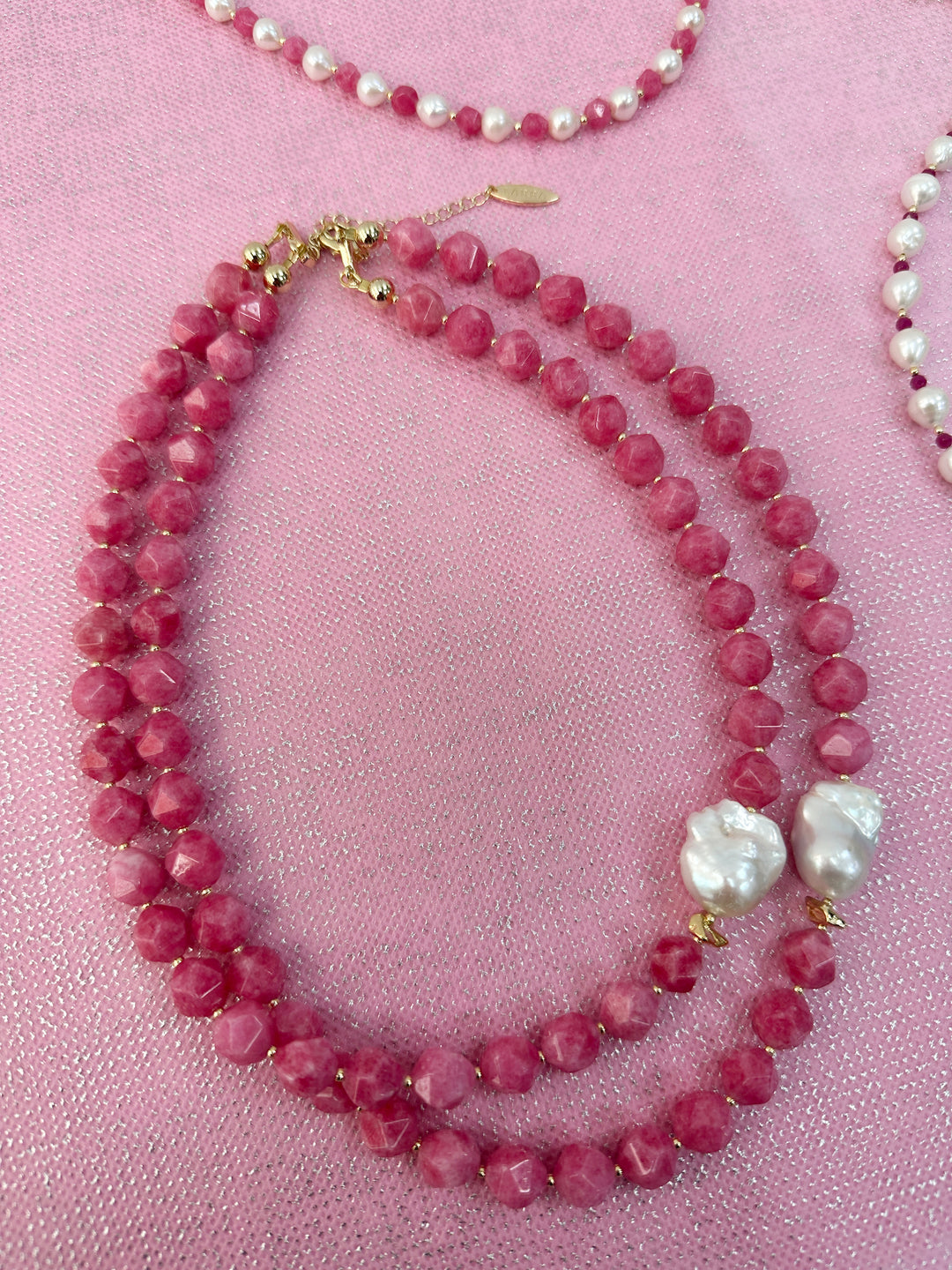 Pink Gemstone With Baroque Pearls Double Layers Necklace LN004