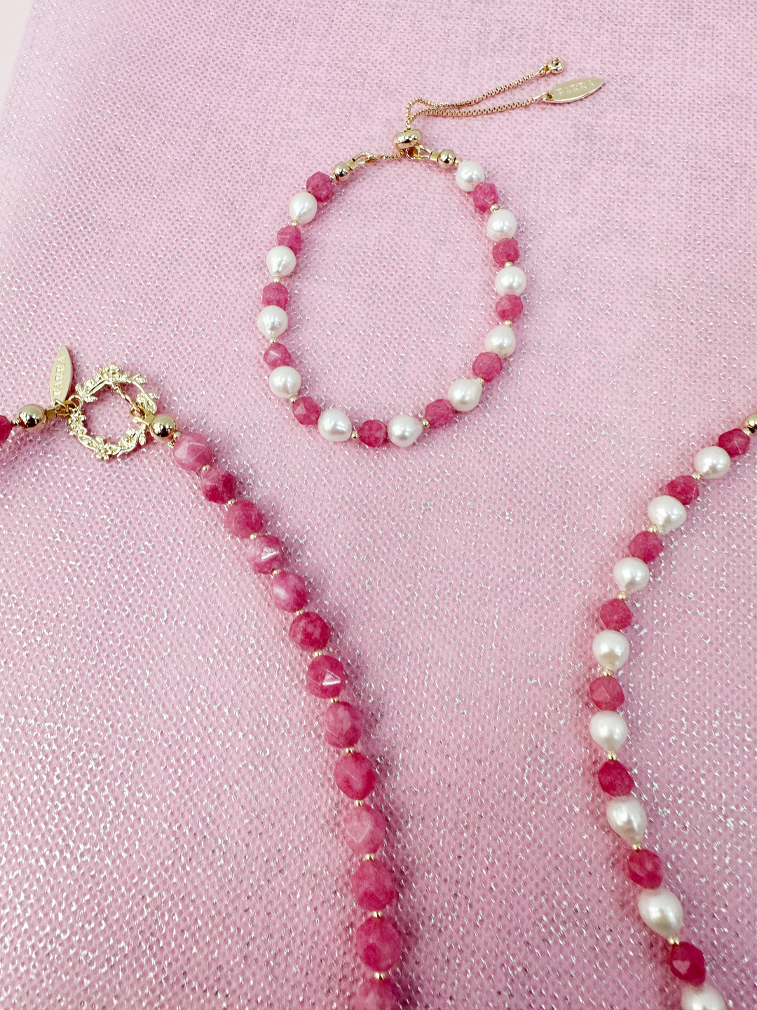 Freshwater Pearls and Pink Rhodochrosite Adjustable Bracelet LB002