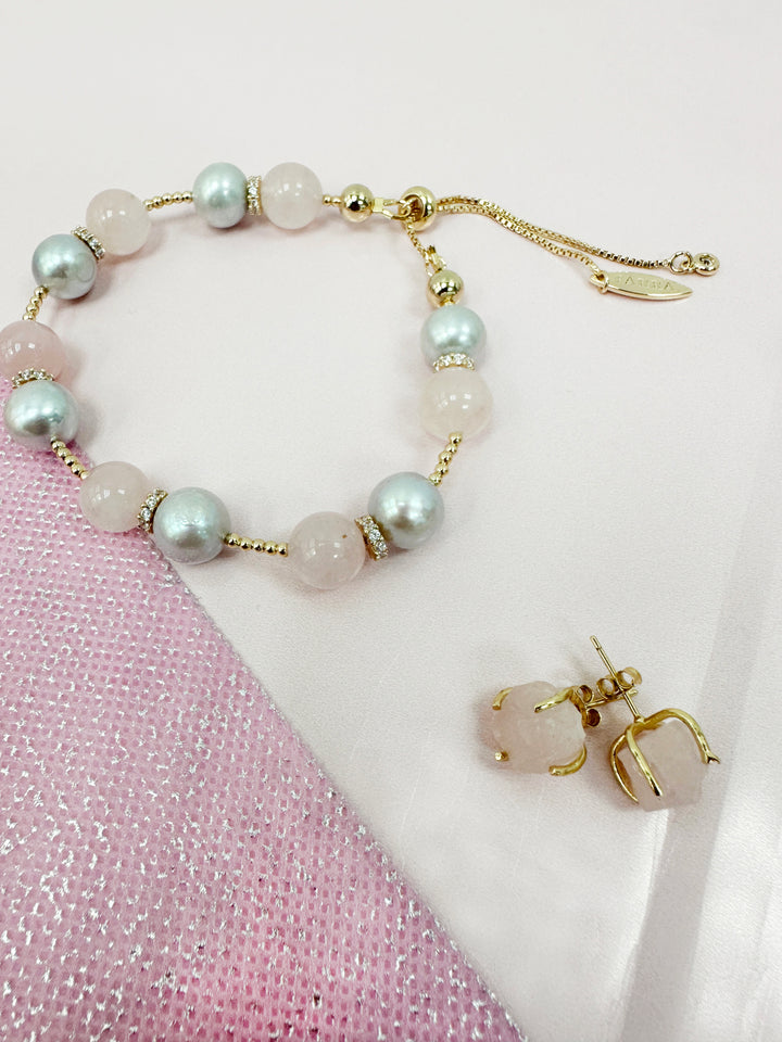Pink Rose Quartz and Gray Freshwater Pearls Adjustable Bracelet LB003