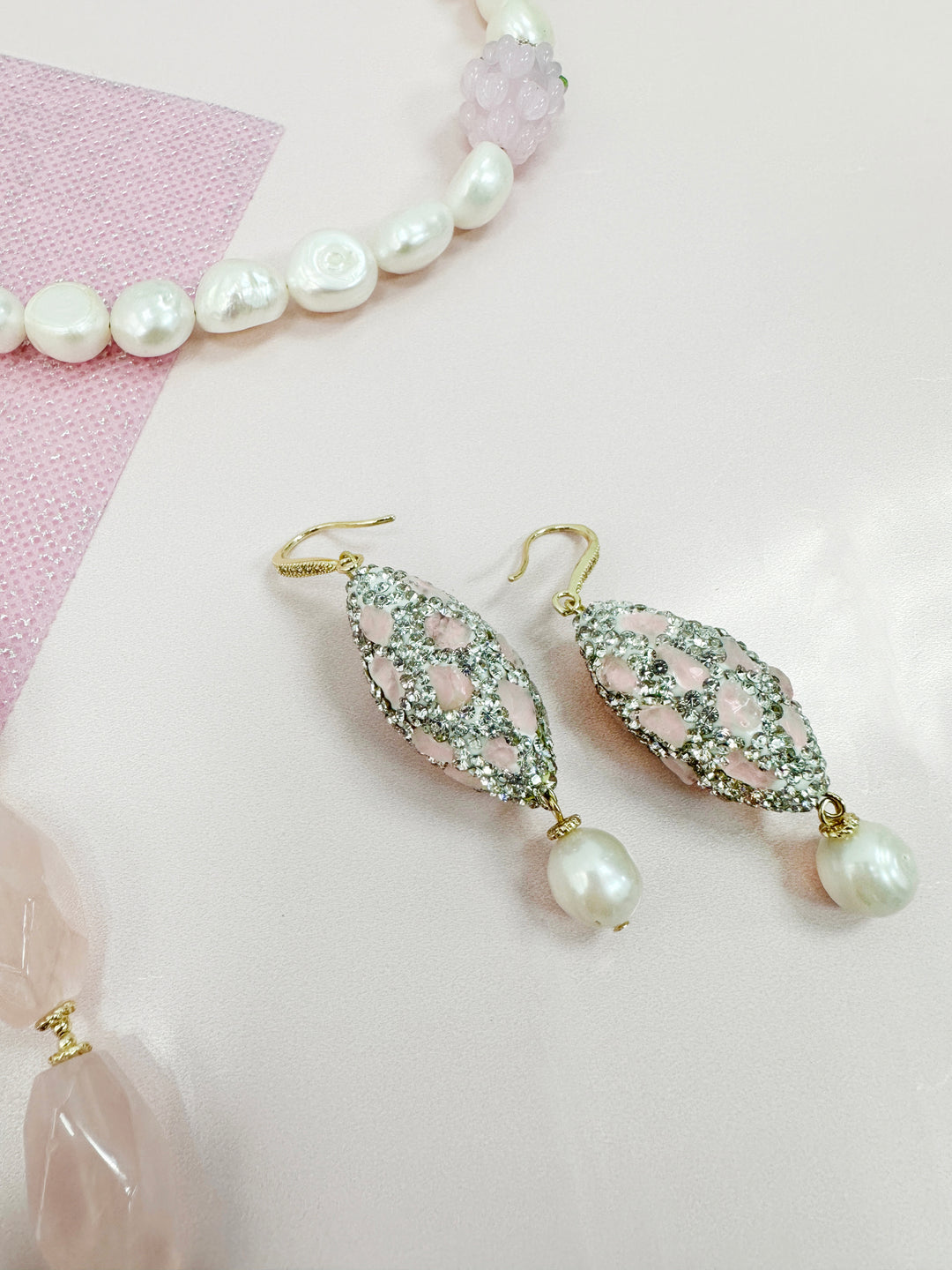 Rose Quartz Rhinestone and Freshwater Pearls Earrings LE007
