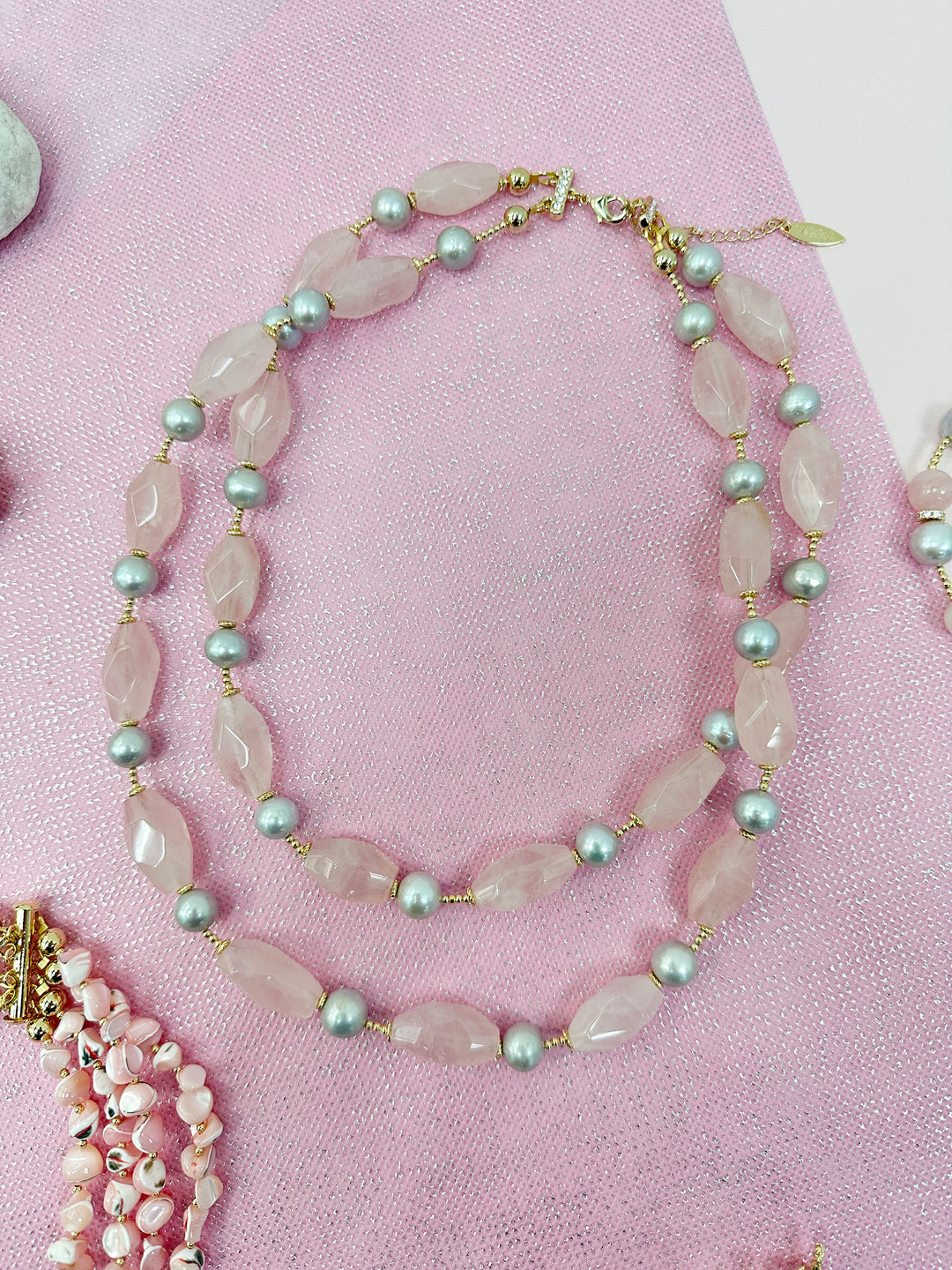 Pink Rose Quartz and Gray Freshwater Pearls Double Layers Necklace LN007