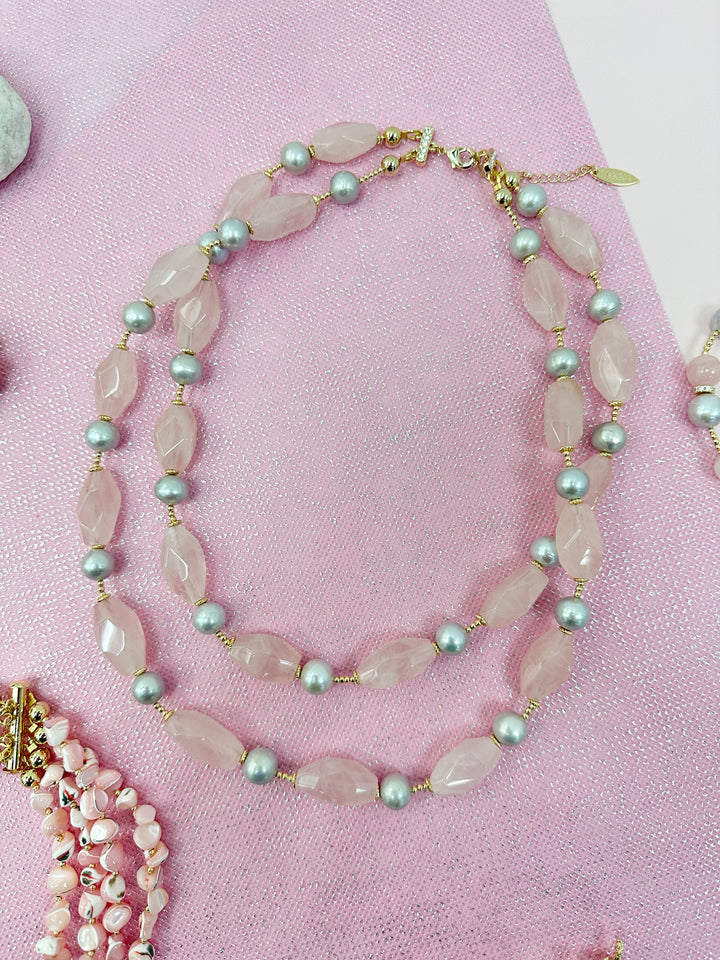 Pink Rose Quartz and Gray Freshwater Pearls Double Layers Necklace LN007