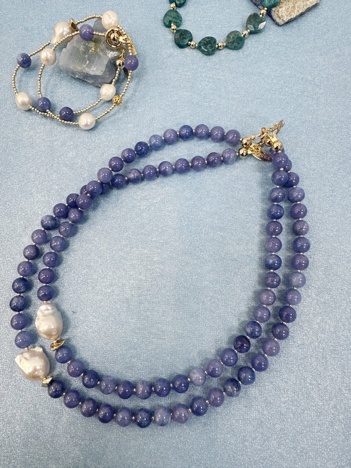 Blue Jade with Baroque Pearls Double Layers Necklace LN034
