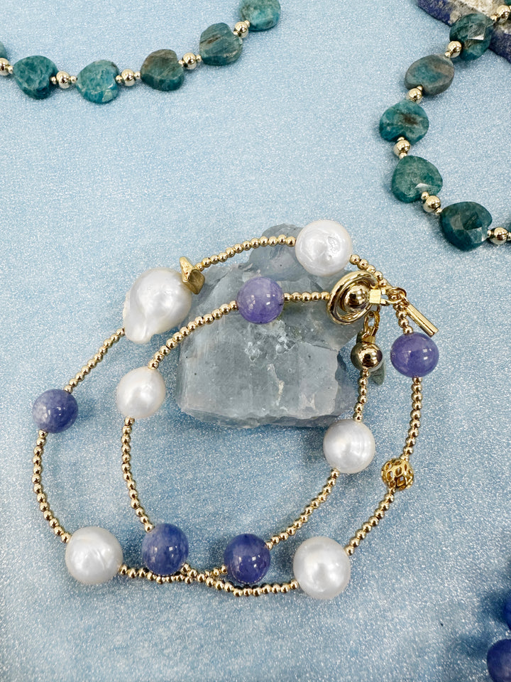 Introducing our versatile Blue Jade and Baroque Pearls Double Layer Bracelet LB010