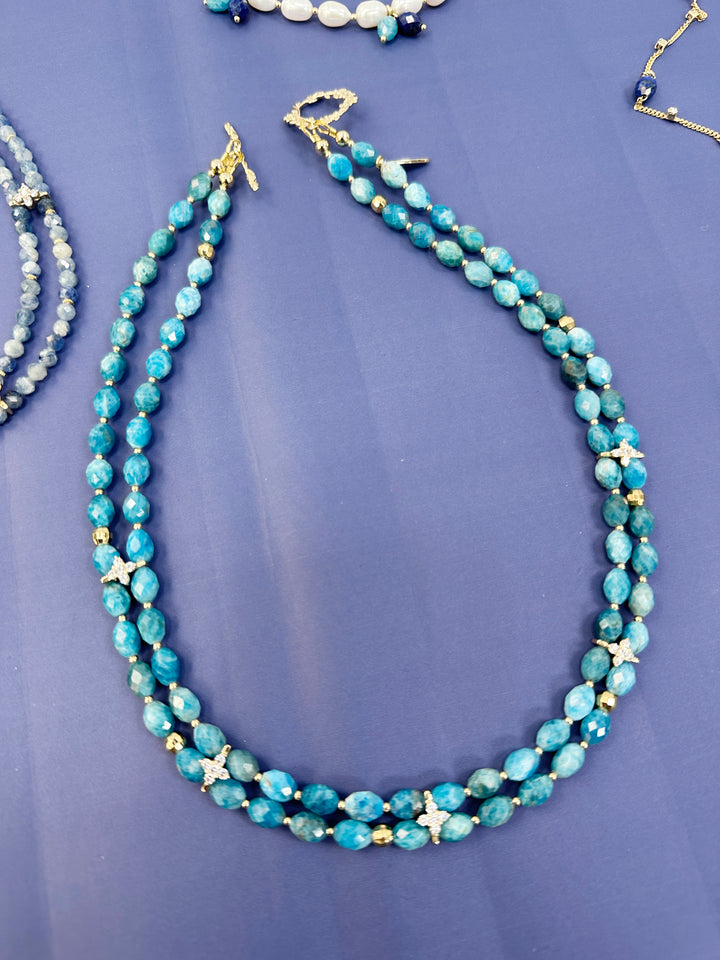 Double Layers Apatite with Zircon Stone Collar Necklace LN031