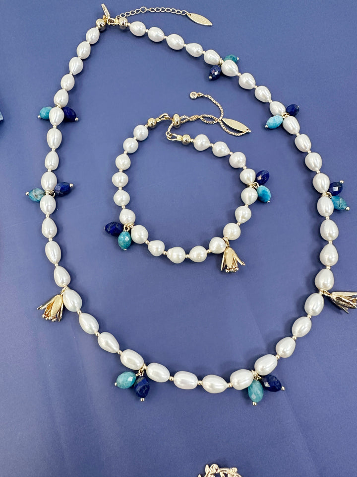 Freshwater Pearls with Blue Gemstone and Flower Charms Necklace LN029