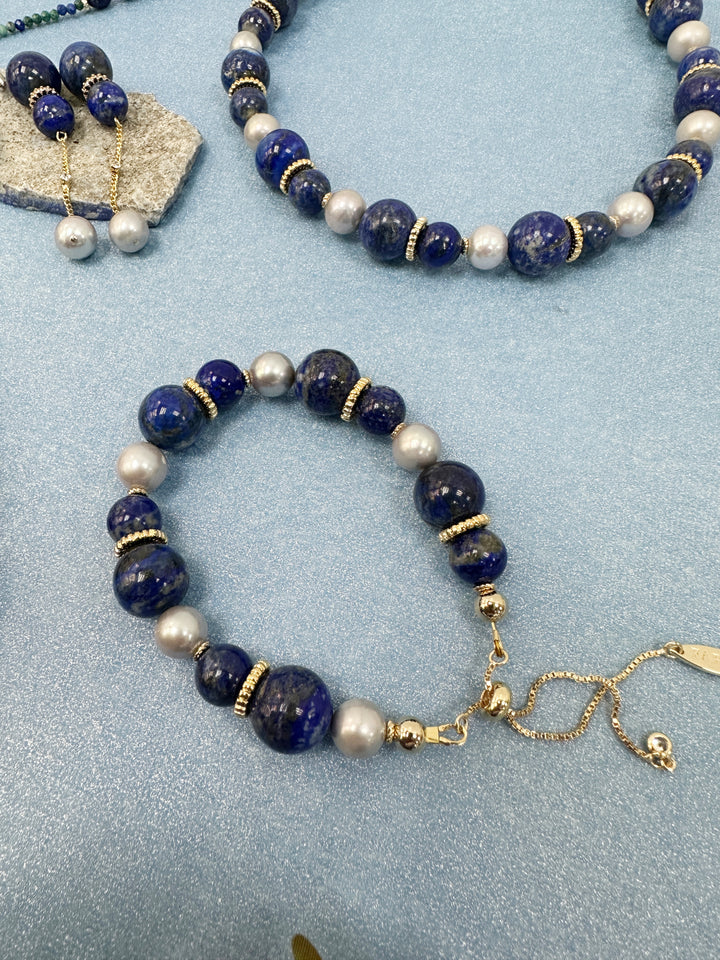 Nugget Blue Lapis with Gray Freshwater Pearls Adjustable Bracelet LB011