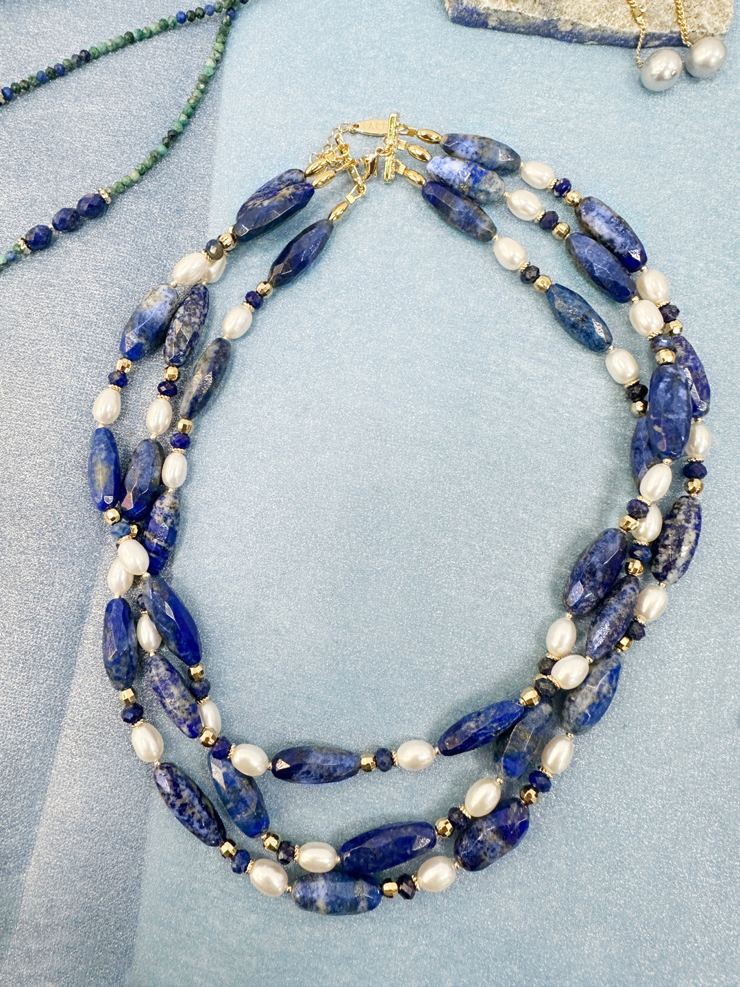 Blue Lapis with Freshwater Pearls Multi-Layers Necklace LN040