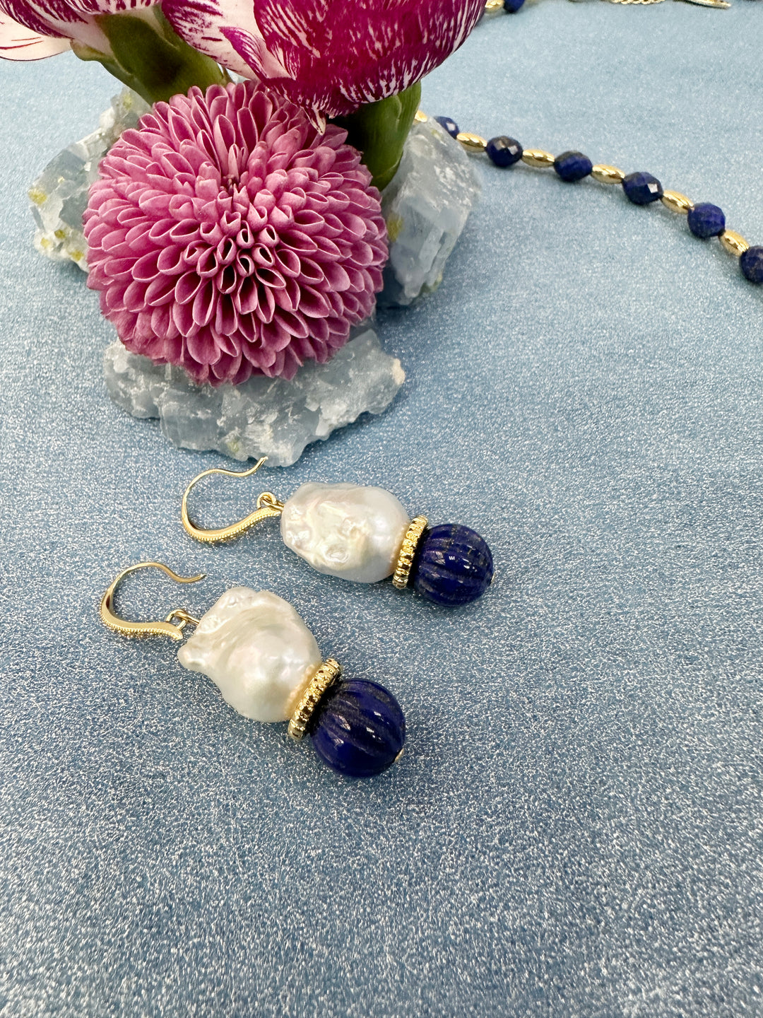 Classic Baroque Pearls with Pumpkin-Shaped Lapis Earrings LE024