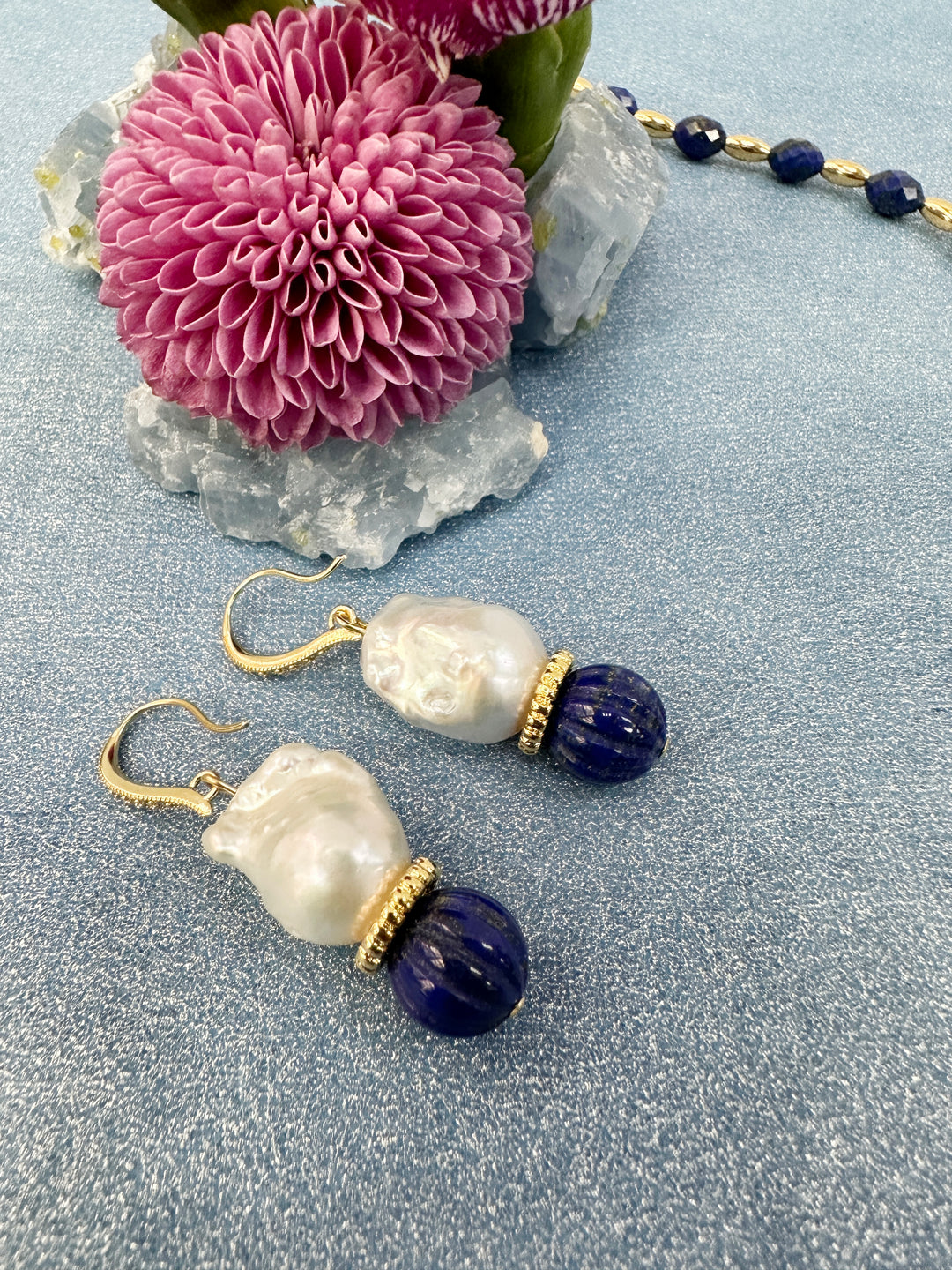 Classic Baroque Pearls with Pumpkin-Shaped Lapis Earrings LE024