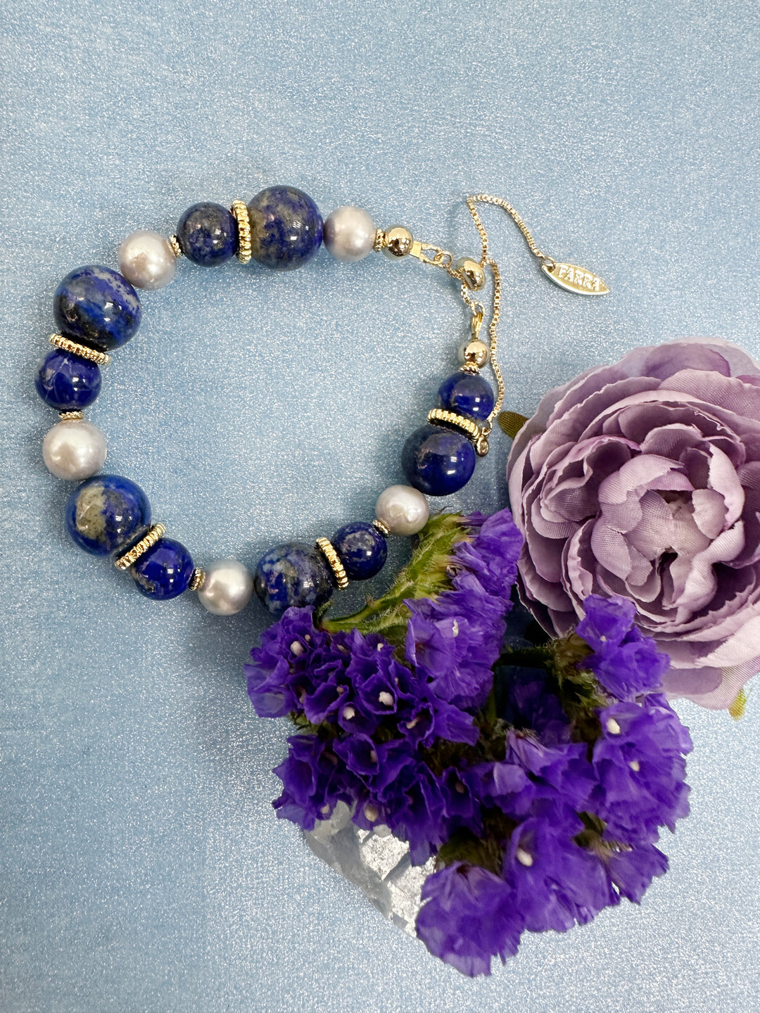 Nugget Blue Lapis with Gray Freshwater Pearls Adjustable Bracelet LB011