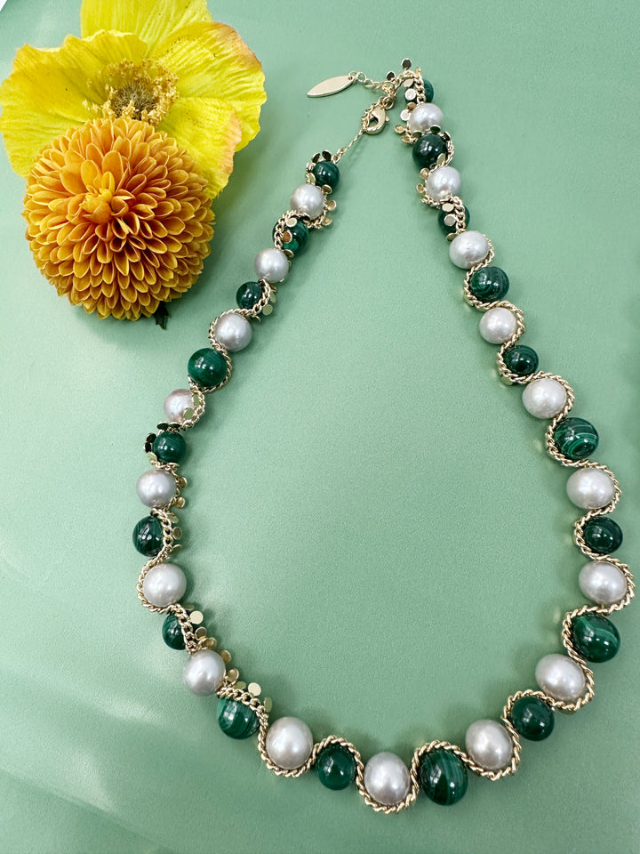 Green Malachite with Gray Freshwater Pearls Statement Necklace LN041