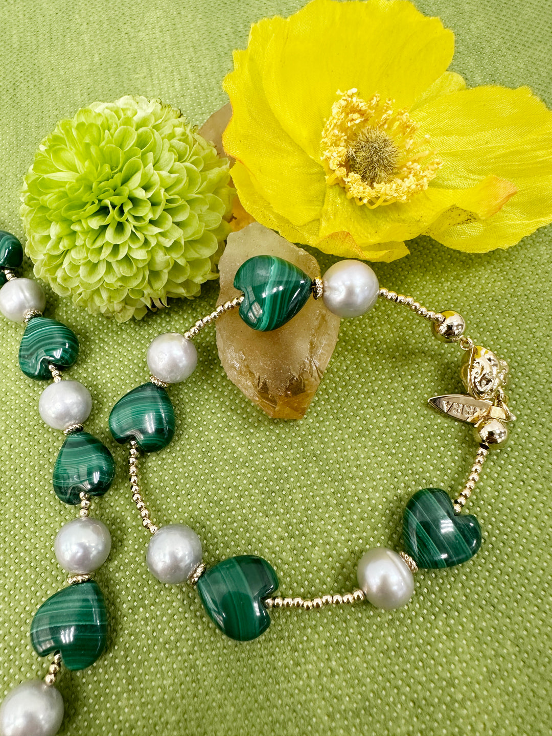 Heart Green Malachite with Gray Freshwater Pearls Bracelet LB013