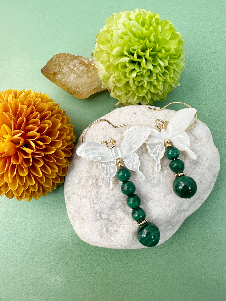 Butterfly-Shaped Shell with Malachite Statement Earrings LE034