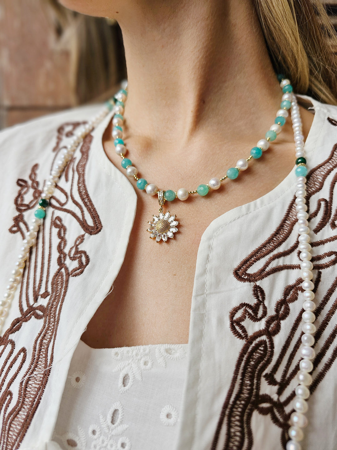 Freshwater Pearl & Green Amazonite Daisy Pendant Necklace RN004