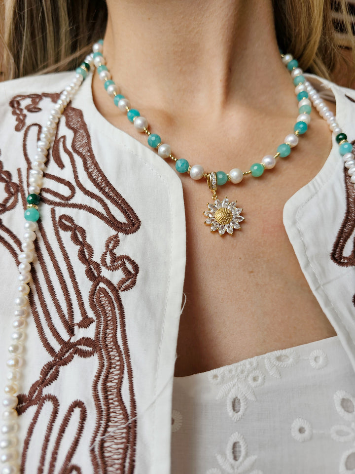 Freshwater Pearl & Green Amazonite Daisy Pendant Necklace RN004