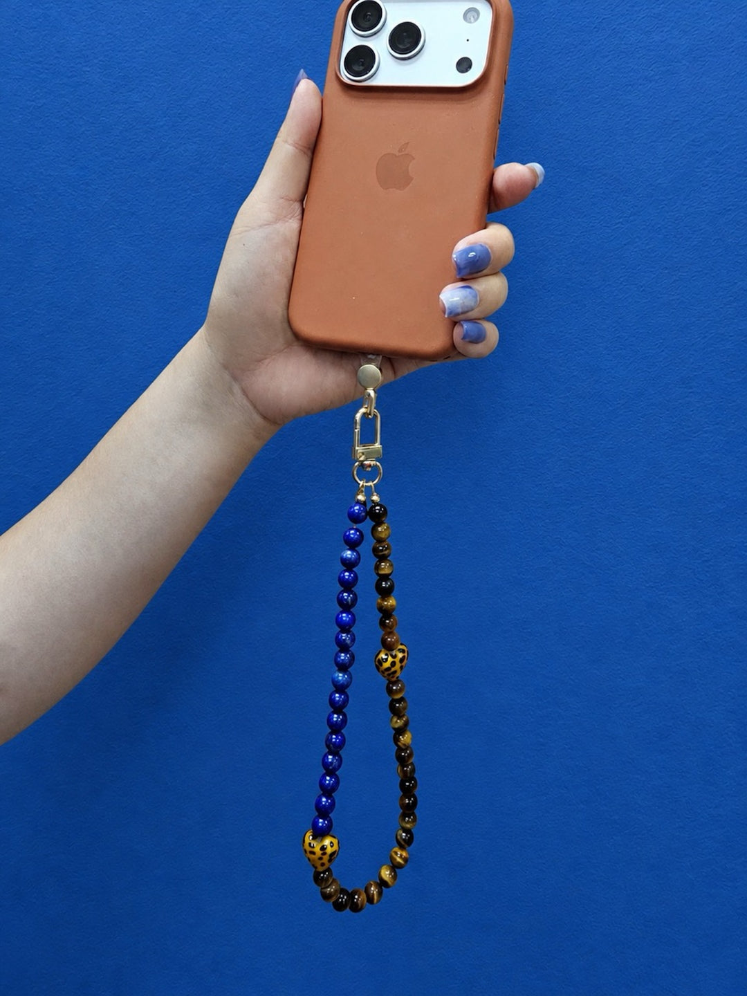 Lapis Lazuli Tiger Eye Stone And Leopard Print Heart Phone Strap PC144
