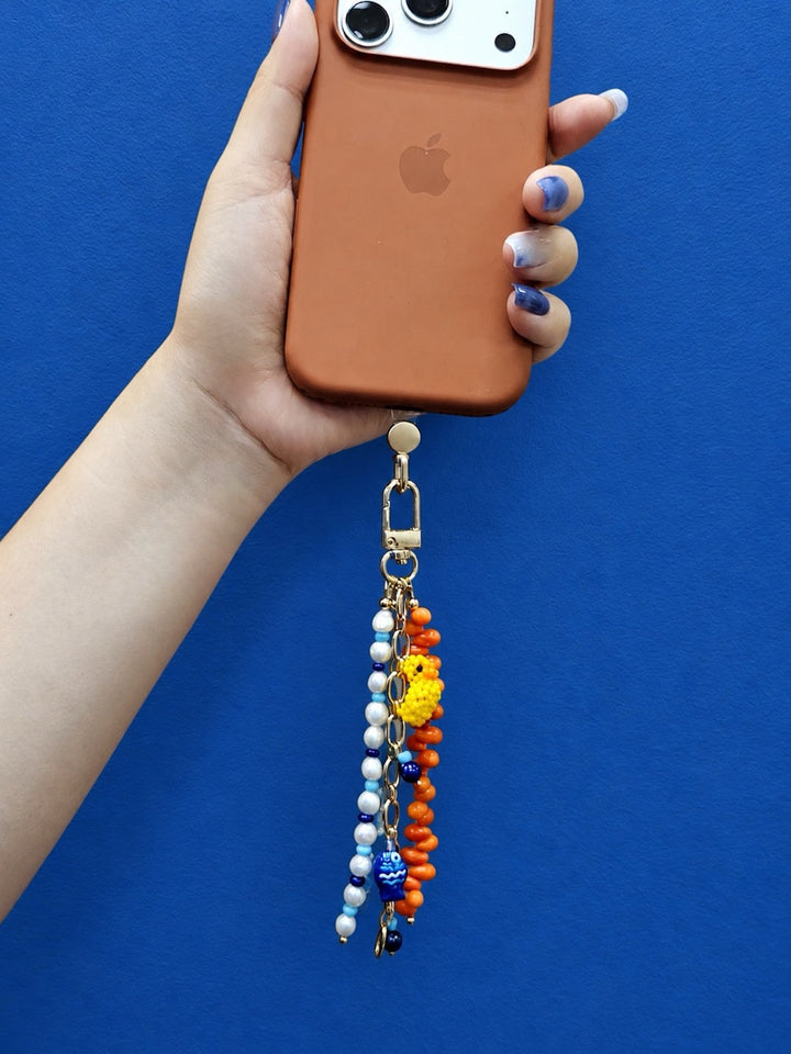 Duck & Fish Coral Aquamarine And Pearls Tassel Phone Strap / Bag Charm PC108