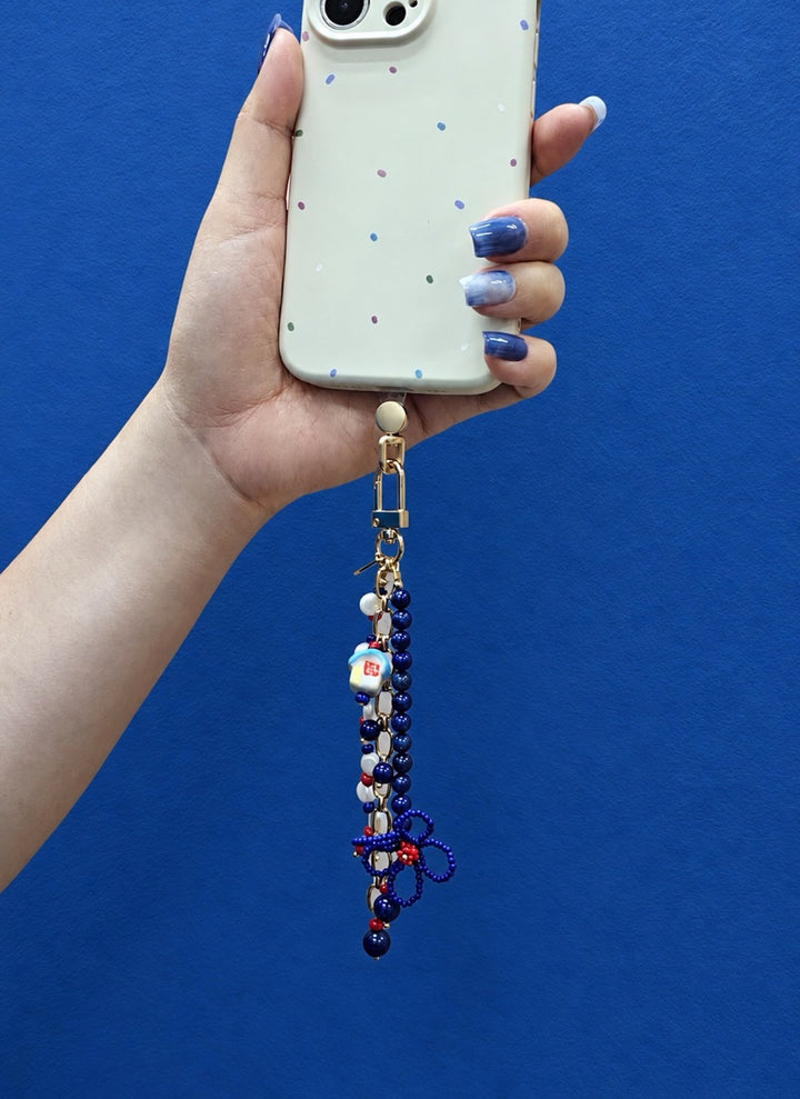 Flower Lapis And Pearls With Ceramic House Charm Phone Strap / Bag Charm PC104